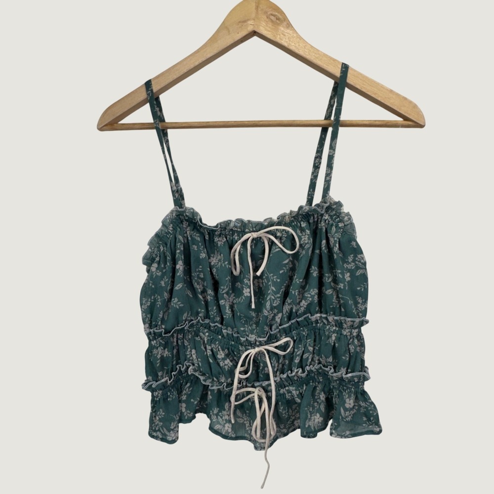 Thirty Thirty LA Floral Camisole Top Small Green Cottagecore Boho Smocked Ruffle
